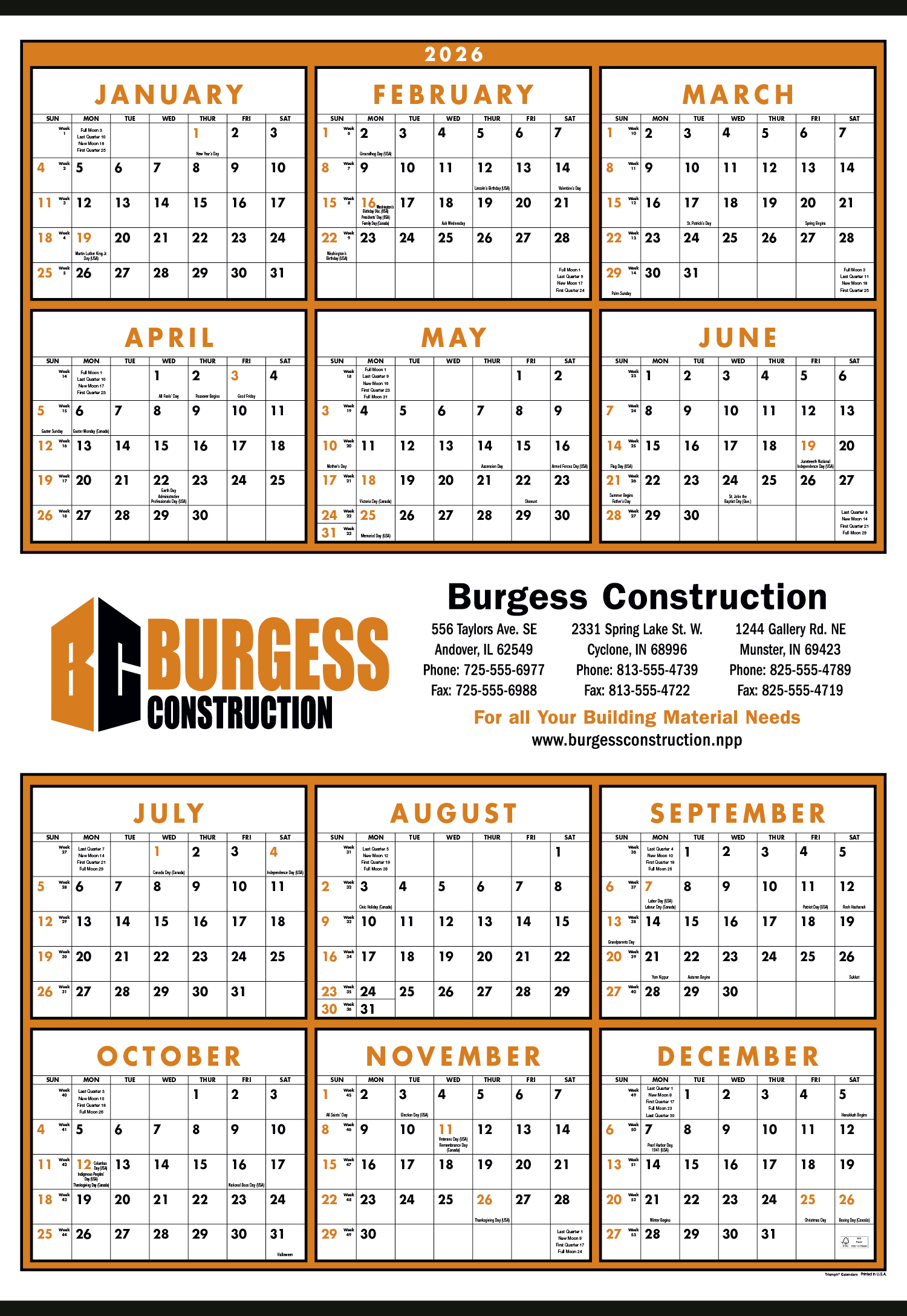 Triumph® Calendars Small Quantity Custom Span-A-Year Calendar